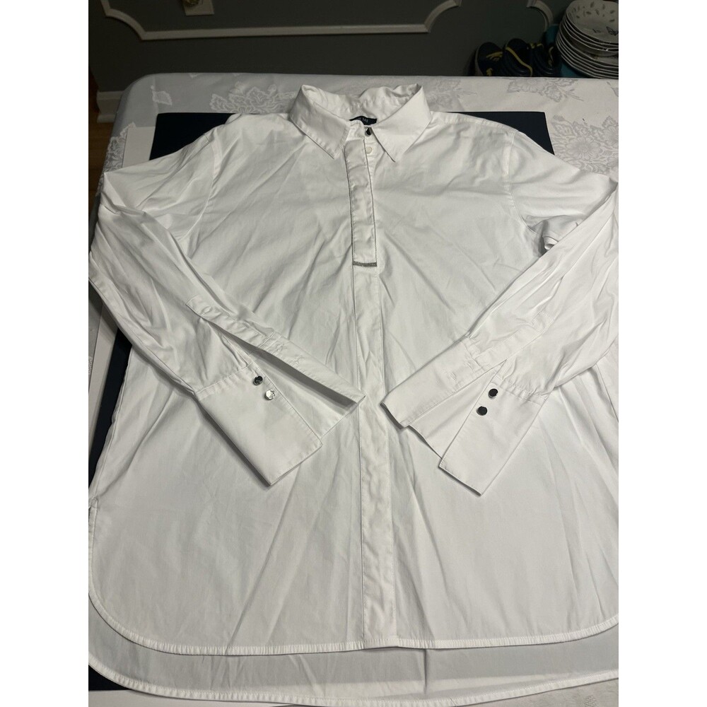 Lafayette 148 Crystal Embellished Placket Detail White Popover Tunic Blouse Sz S